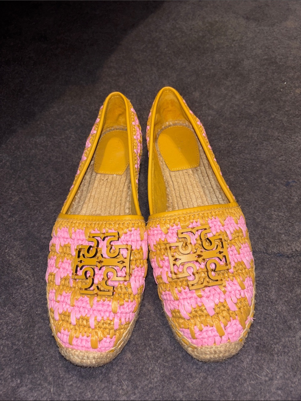 Tory Burch Pink and Yellow Woven Espadrille Flats